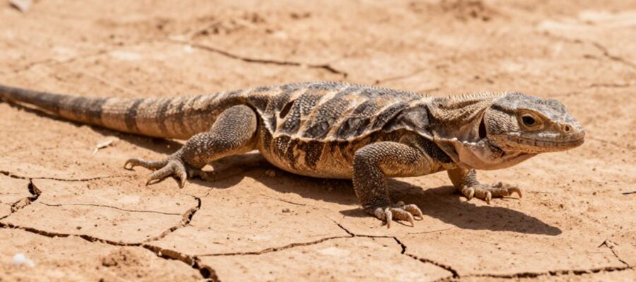 Un lagarto de escamas rugosas se desplaza sobre el suelo agrietado de un desierto bajo la luz del sol.