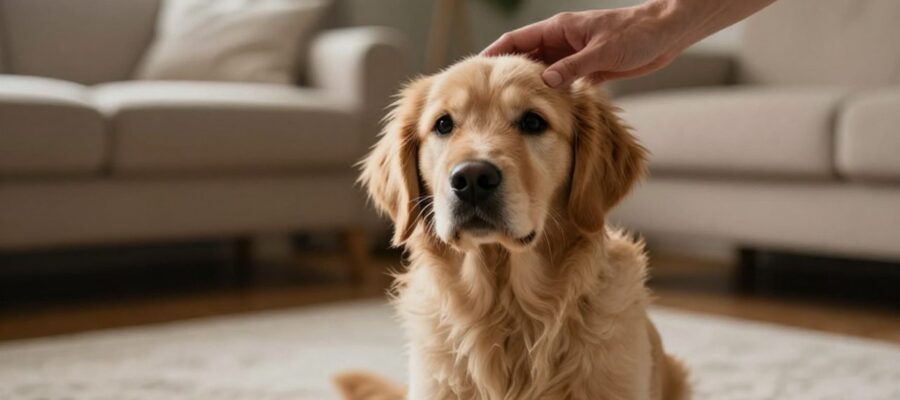 Una mano acaricia con cuidado a un perro Golden Retriever que tiembla en una alfombra de una sala de estar.