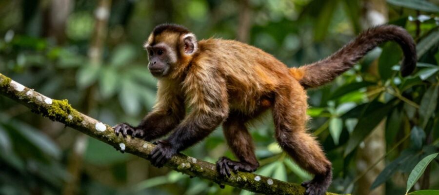 Un mono capuchino se desplaza por las ramas de un musgo en la densa vegetación de una selva tropical.