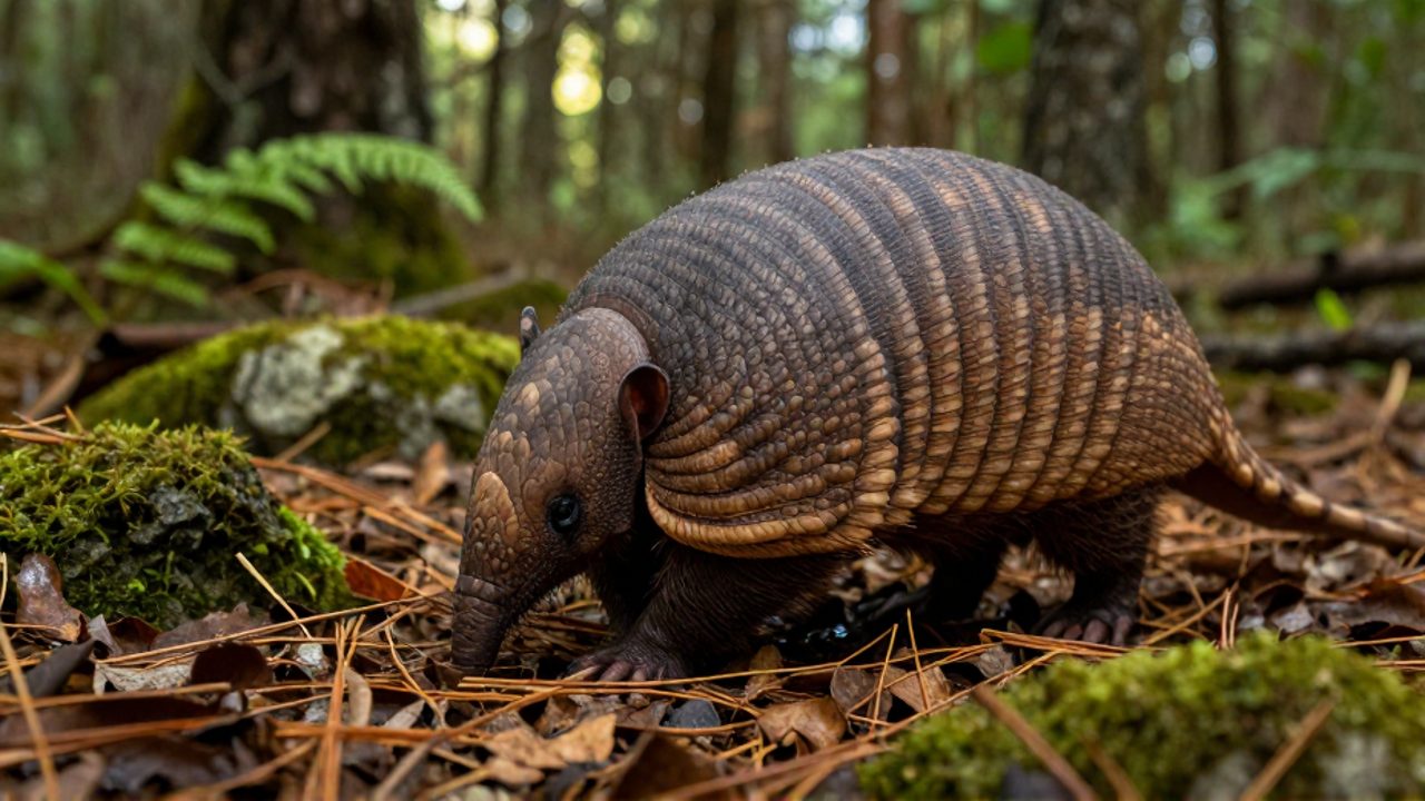 Un armadillo de nueve bandas busca alimento entre la hojarasca y el musgo en un bosque de pino y encino.