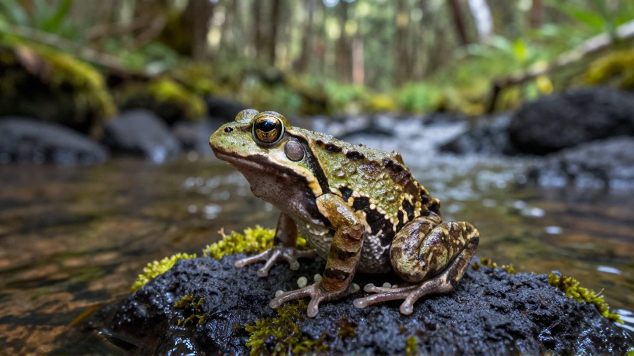 Rana endémica de las tierras altas de Puebla posada sobre una piedra volcánica con musgo junto a un arroyo de montaña.