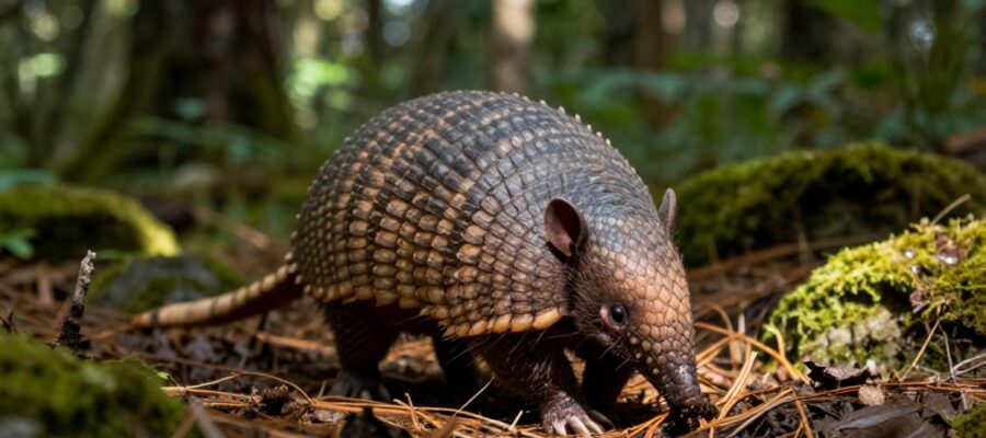 Armadillo de nueve bandas buscando alimento entre la hojarasca y el musgo en un bosque de pino-encino.