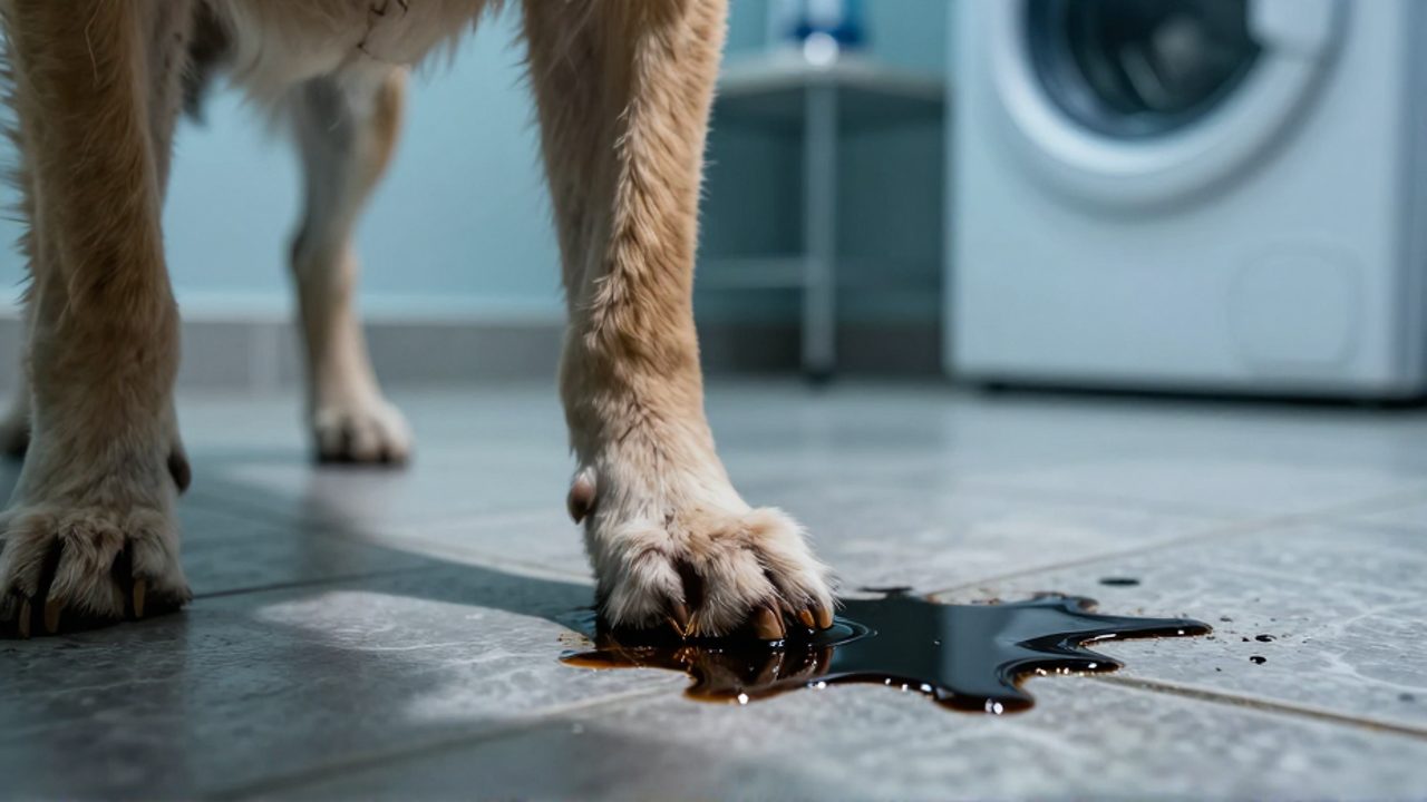 Primer plano del pelaje de un perro en contacto cercano con un residuo de líquido químico oscuro sobre un suelo de baldosas.