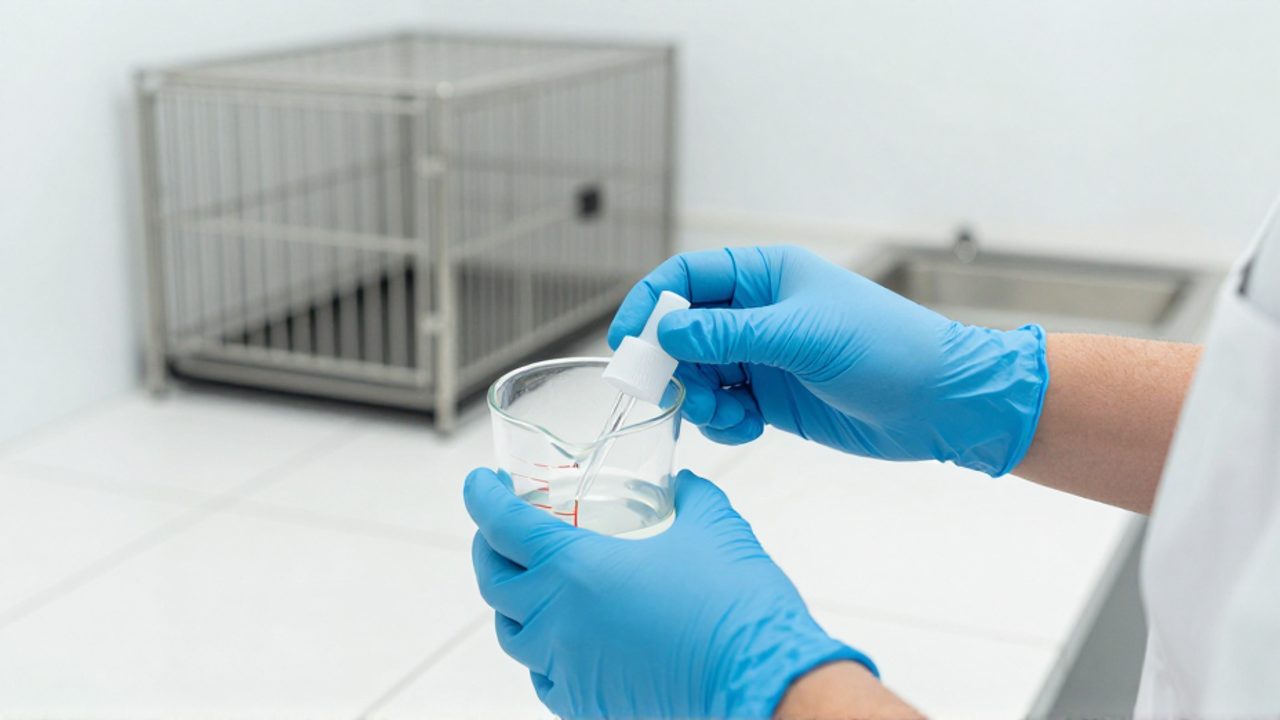 Persona con guantes protectores diluye con precaución un desinfectante líquido en un recipiente de cristal dentro de una clínica veterinaria.
