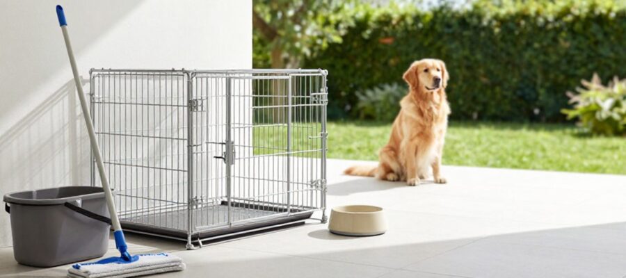 Un canil metálico y un cuenco de agua sobre un patio limpio, con un perro Golden Retriever observando desde una distancia segura en el jardín.
