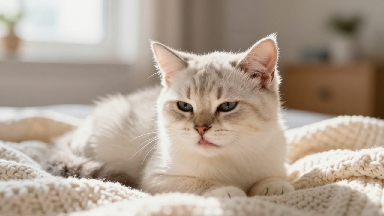 Un gatito pequeño y esponjoso descansa sobre una manta de punto en un entorno cálido y luminoso.