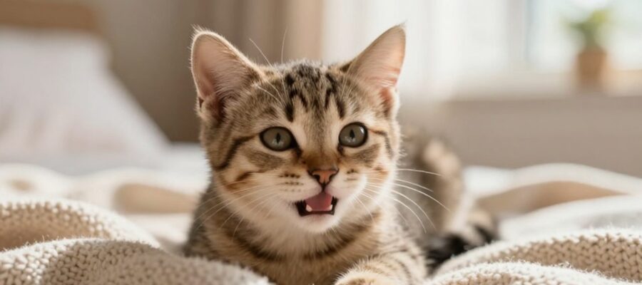Un gatito atigrado con la boca ligeramente abierta descansa sobre una manta tejida en un entorno cálido y luminoso.