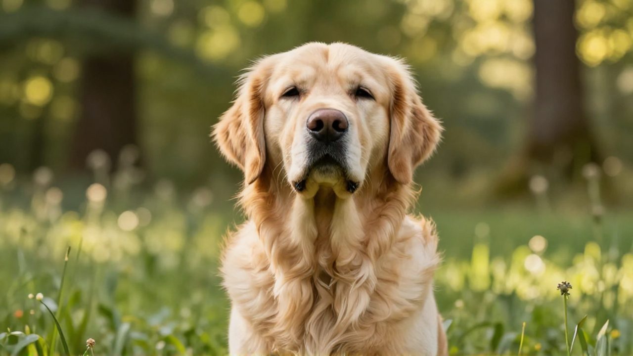 Primer plano del pecho de un perro golden retriever que se expande rítmicamente mientras respira en un pradera iluminada por el sol.