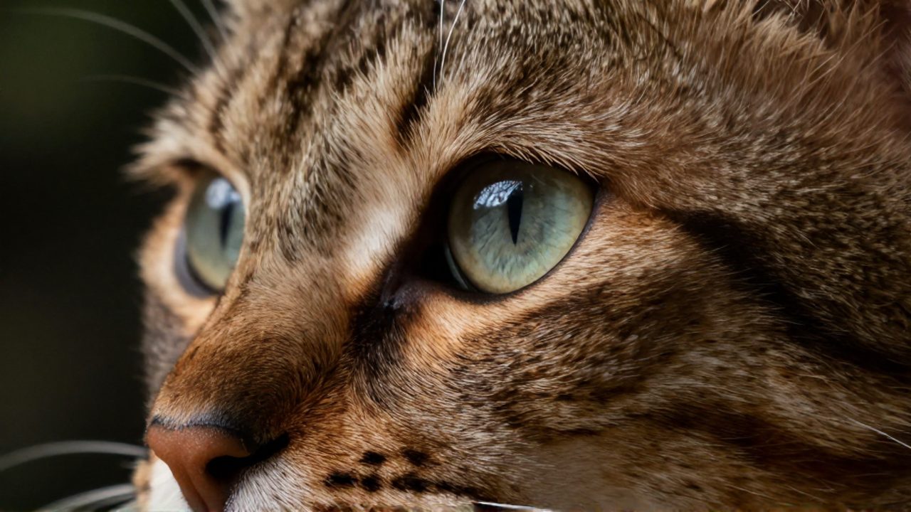 Primer plano detallado del ojo de un gato, destacando la textura del iris y los folículos de los bigotes.