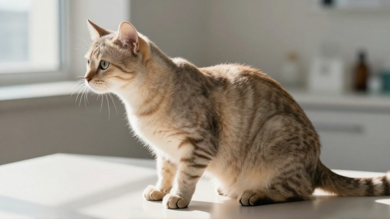 Perfil lateral de un gato doméstico que muestra su estructura muscular y la curvatura de su columna sobre un fondo neutro.
