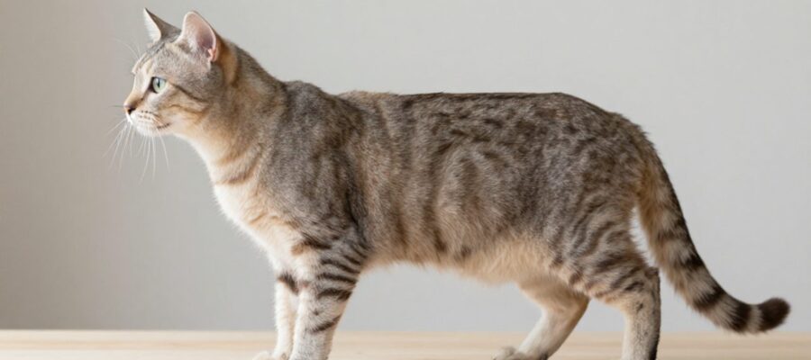 Perfil lateral de un gato doméstico que muestra su musculatura y silueta definida sobre una superficie de madera.