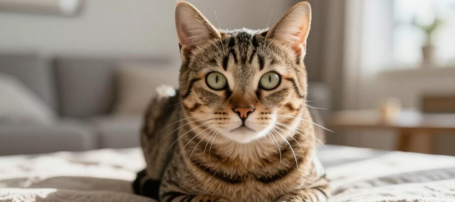 Gato atigrado de mirada curiosa sentado sobre una tela de lino en un salón iluminado por la luz natural.