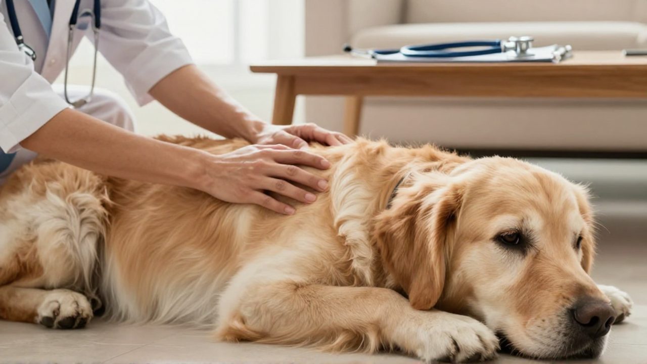 Manos de un dueño acarician suavemente a un Golden Retriever sobre el suelo de una sala, con un estetoscopio de fondo que sugiere un contexto de atención veterinaria.