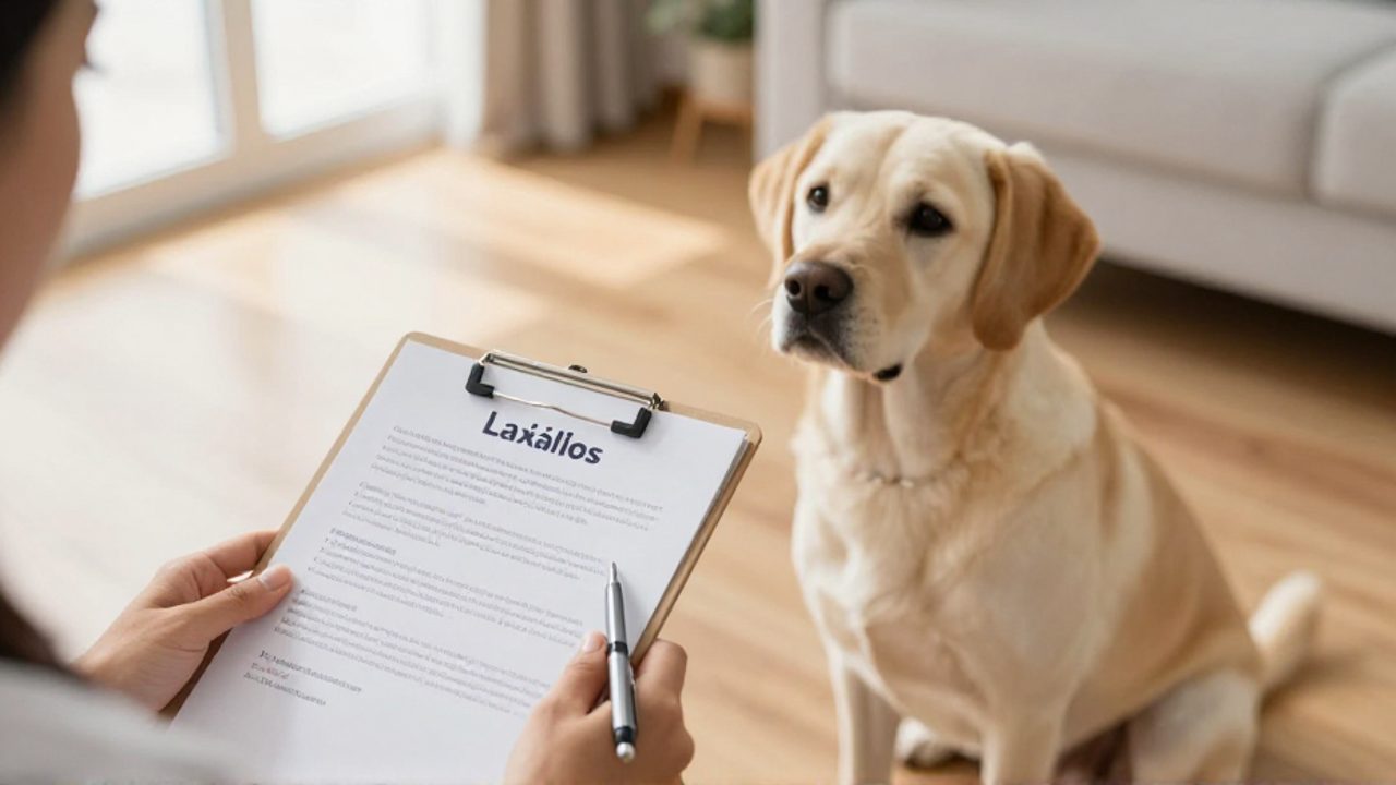 Un dueño de mascota sostiene una tabla con notas junto a su perro sentado en una sala iluminada.