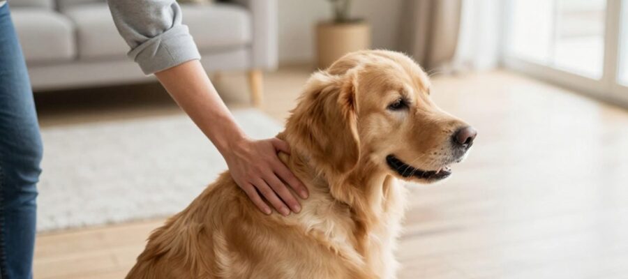 Mano de un dueño acariciando con cuidado a un perro Golden Retriever en una sala iluminada, transmitiendo una sensación de atención a su salud.