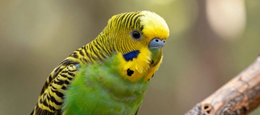 Primer plano del pico y la garganta de un perico de plumaje verde y amarillo posado en una rama.