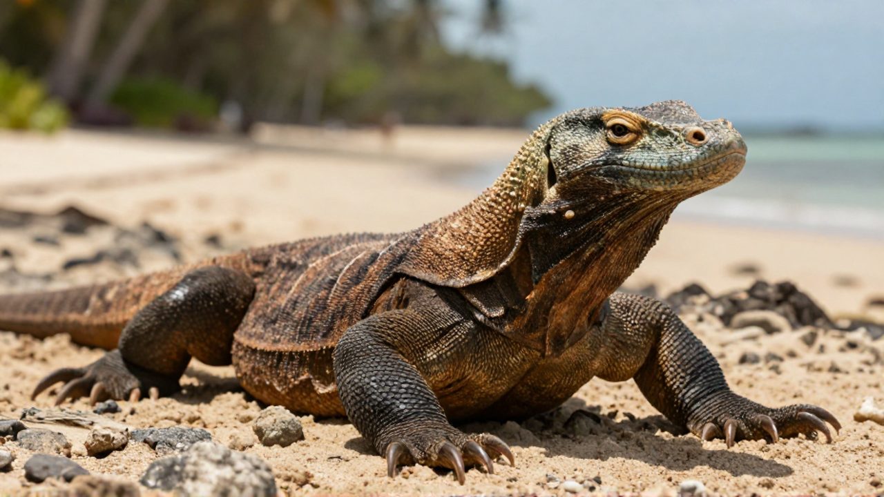 Primer plano de un dragón de Komodo descansando sobre una orilla rocosa bajo la luz del sol.