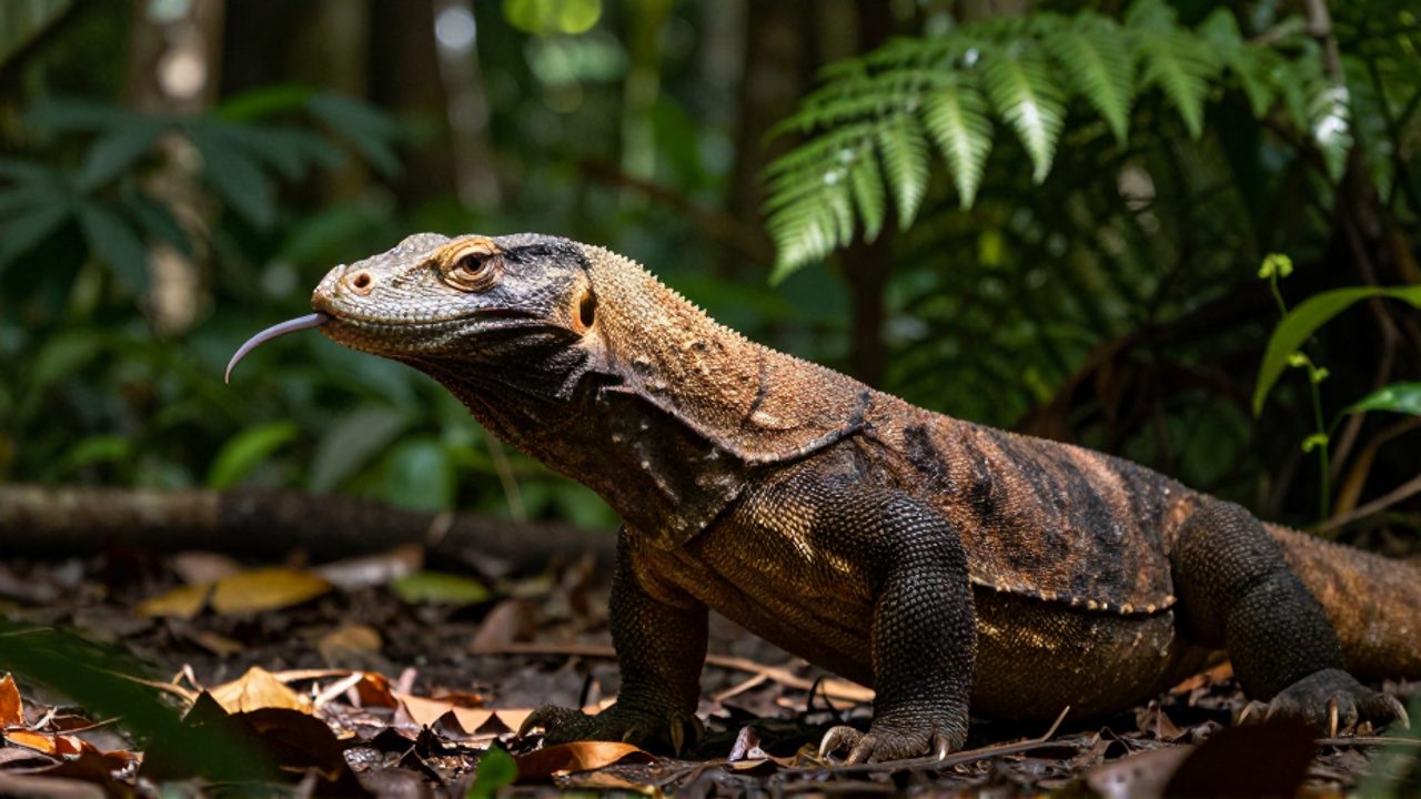 Un dragón de Komodo sale de la densa vegetación de una selva tropical mostrando su piel escamosa y su lengua bífida.