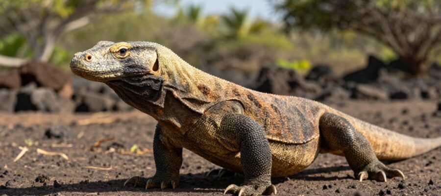 Un dragón de Komodo se desplaza por un paisaje árido con vegetación escasa bajo la luz del sol.