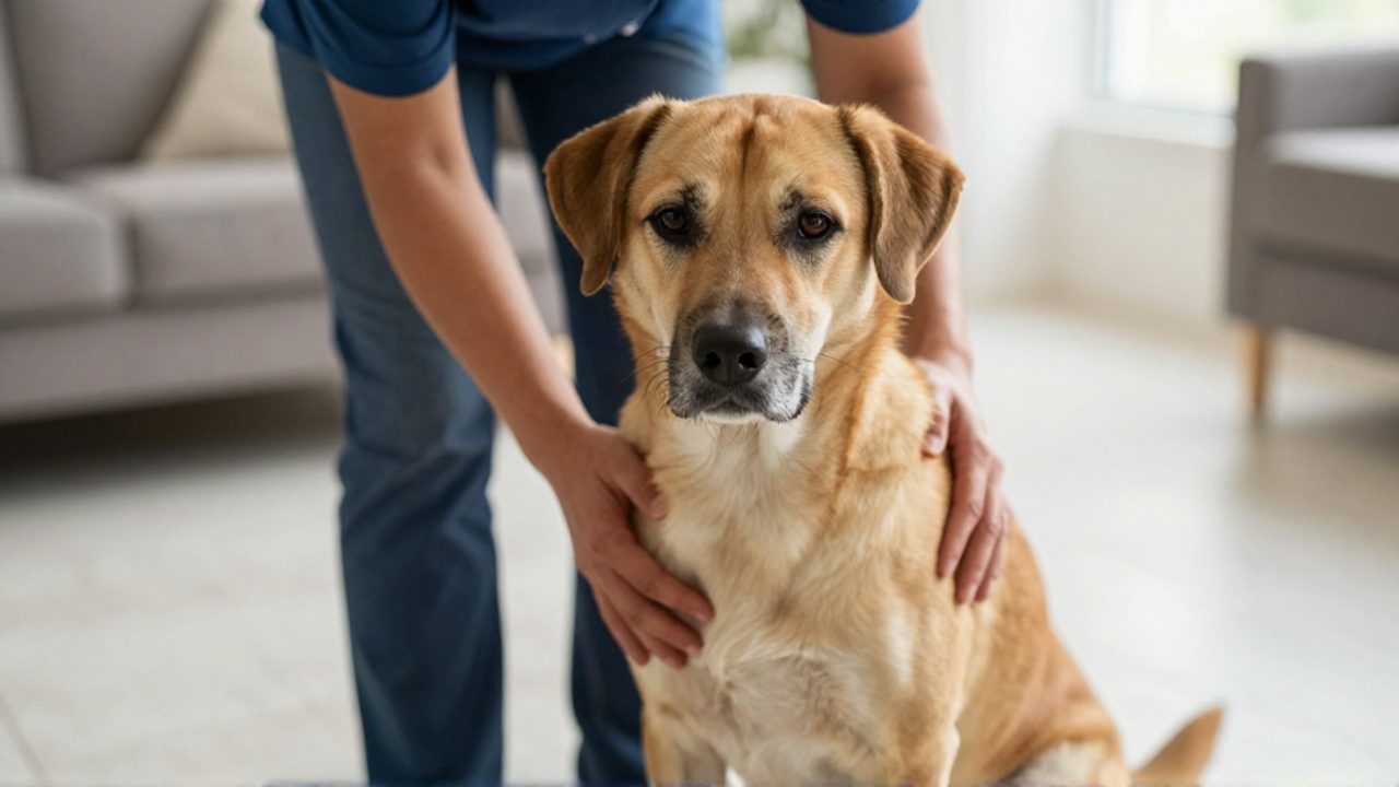 Manos de una persona acariciando con preocupación a un perro que muestra signos de malestar sobre el suelo de una casa.