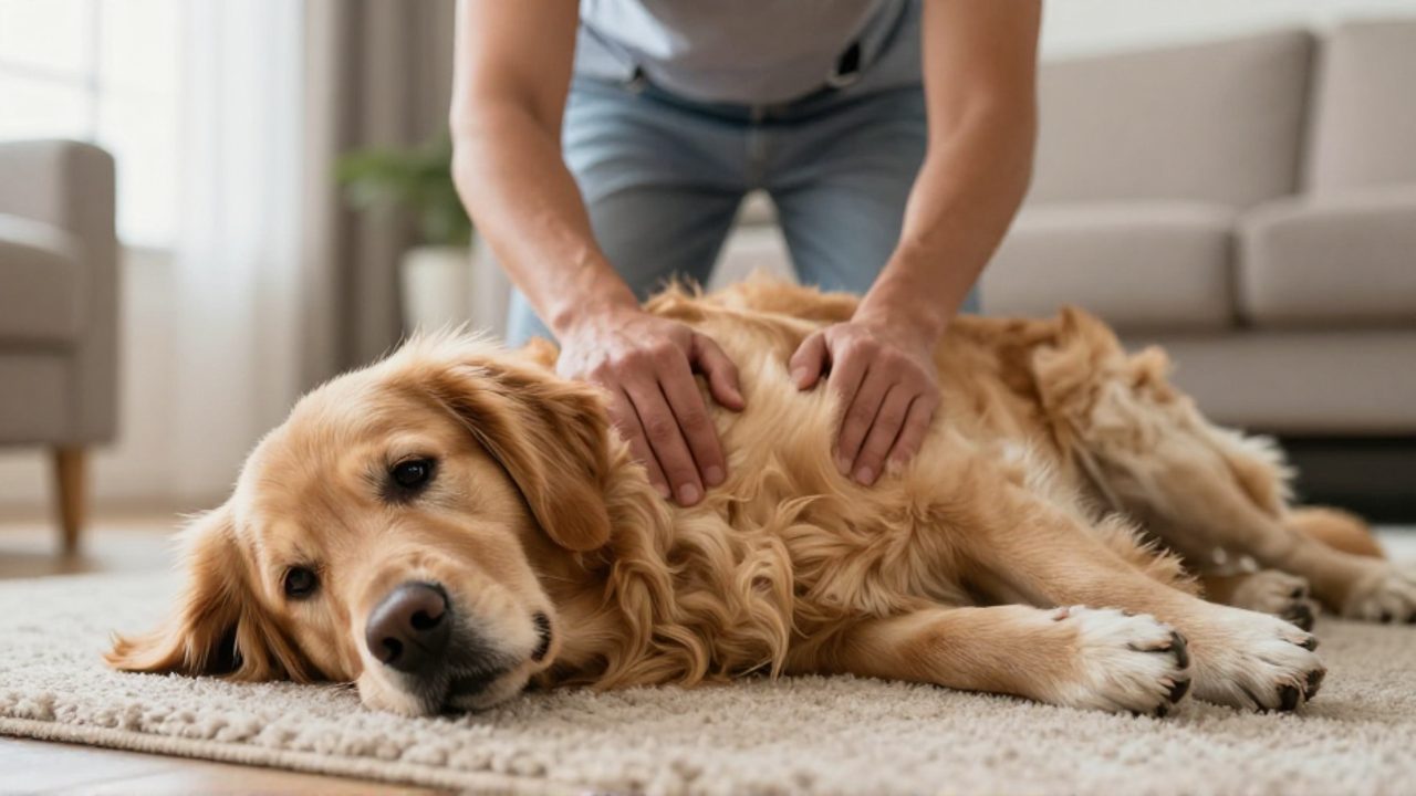Manos de un dueño acariciando con cuidado a un perro Golden Retriever que descansa en una sala, transmitiendo una sensación de apoyo y atención.