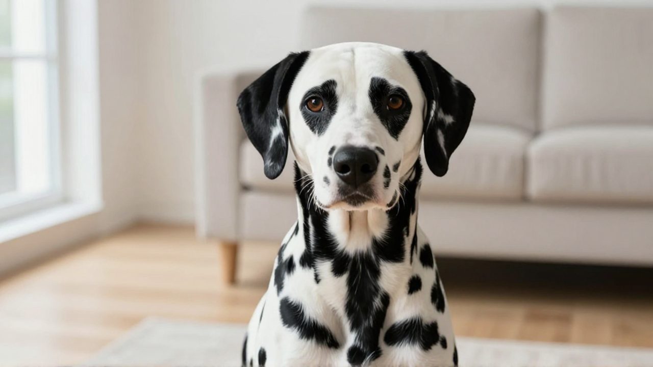 Perro dálmata con manchas negras sobre fondo blanco sentado en un salón moderno y luminoso.