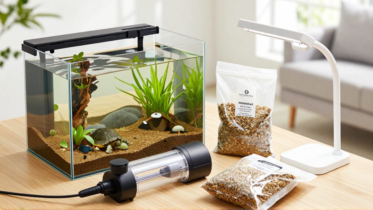 Equipos para el cuidado de tortugas, que incluyen un acuario con filtro y un terrario con sustrato orgánico, sobre una mesa de madera.