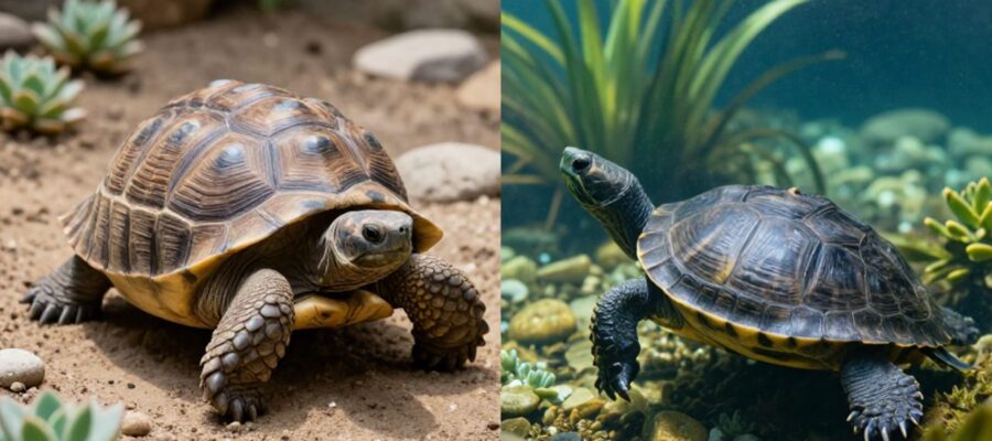 Comparativa entre una tortuga terrestre de caparazón abovedado en un entorno de arena y plantas, y una tortuga acuática de caparazón plano nadando en agua cristalina.