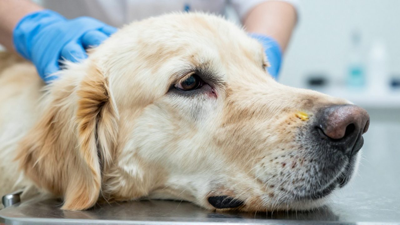 Primer plano de un perro con las encías y la esclerótica del ojo con un tono amarillento durante una revisión veterinaria.