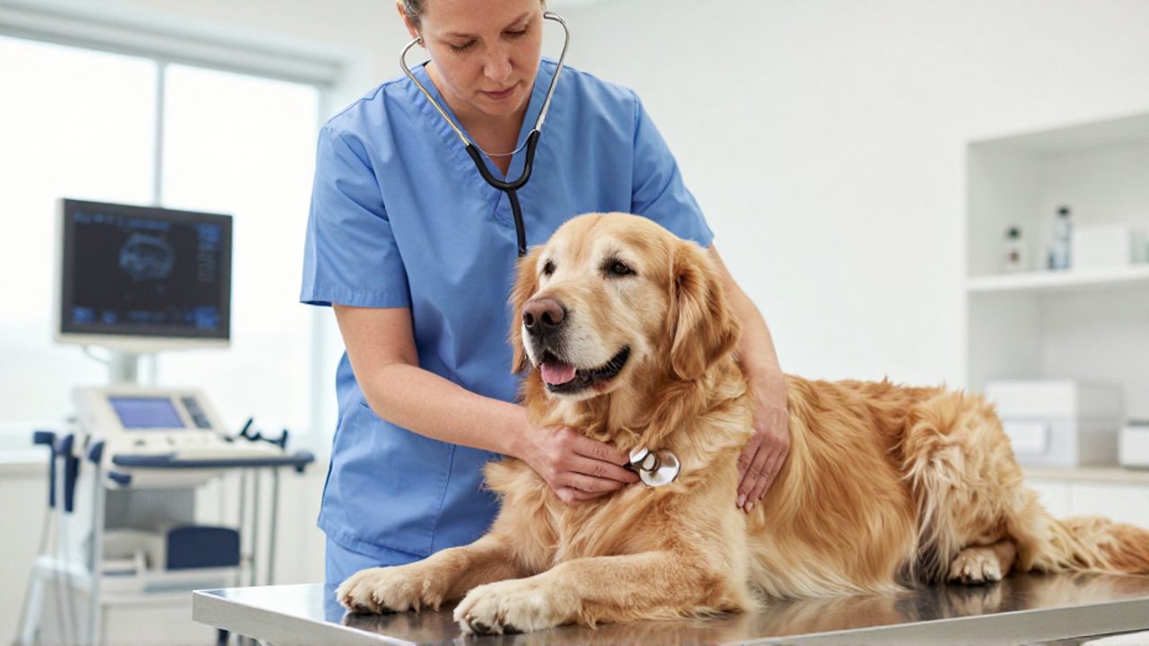 Veterinaria con uniforme azul revisa con un estetoscopio a un perro Golden Retriever sobre una mesa de exploración en una clínica.