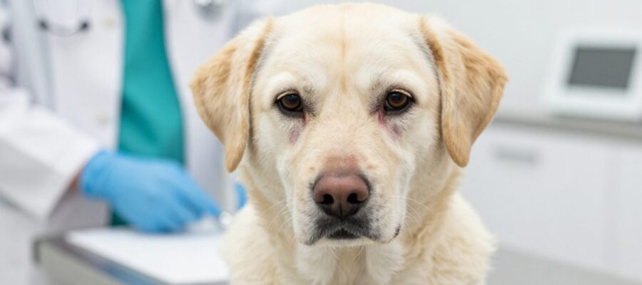 Primer plano de la cara de un perro con expresión cansada durante una revisión veterinaria en una clínica.