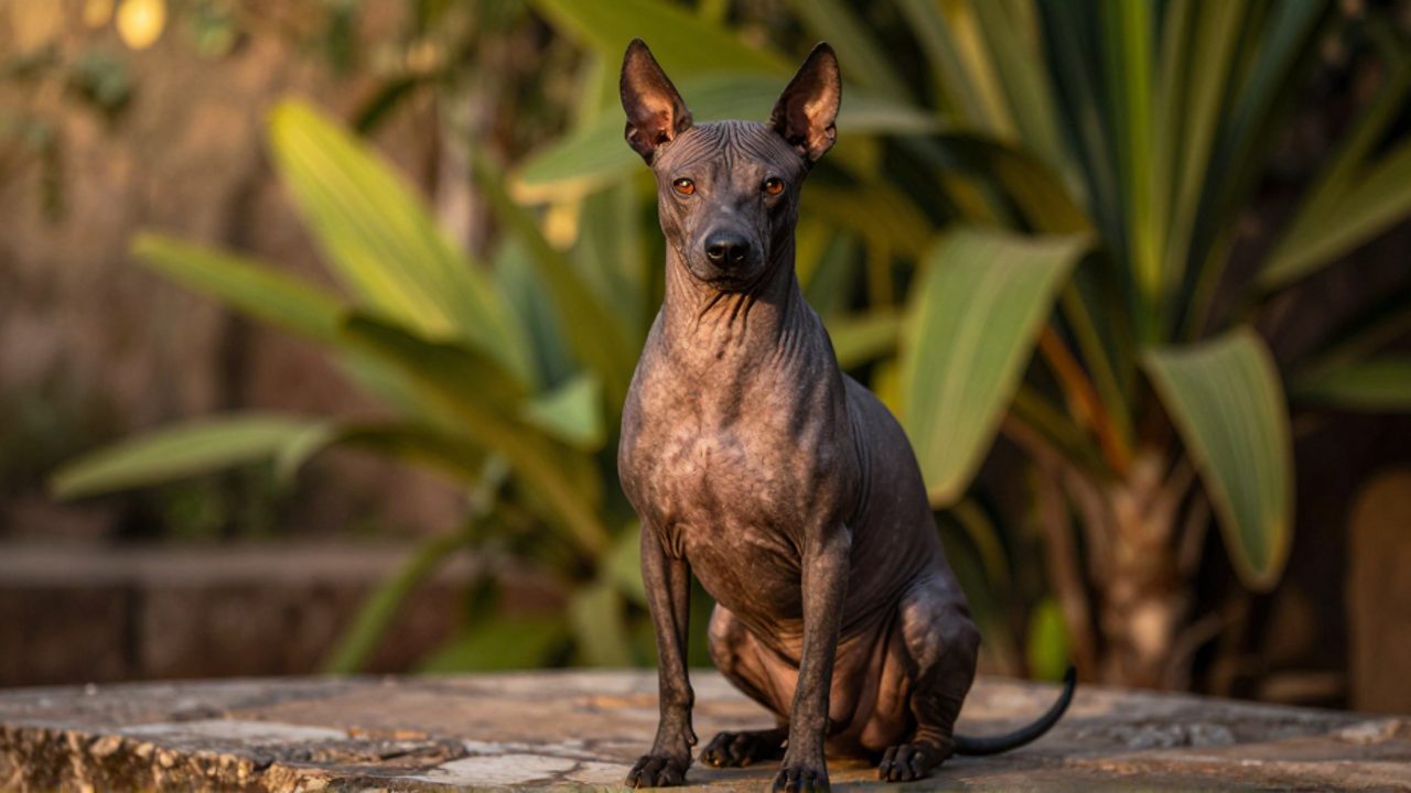 Perro Xoloitzcuintle de piel oscura y sin pelo sentado sobre una superficie de piedra en un jardín con vegetación tropical.