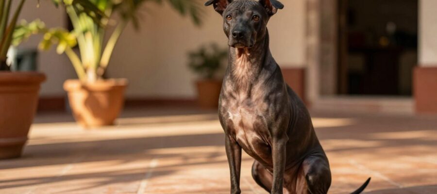 Perro Xoloitzcuintle de piel oscura y sin pelo sentado en un patio mexicano iluminado por el sol.