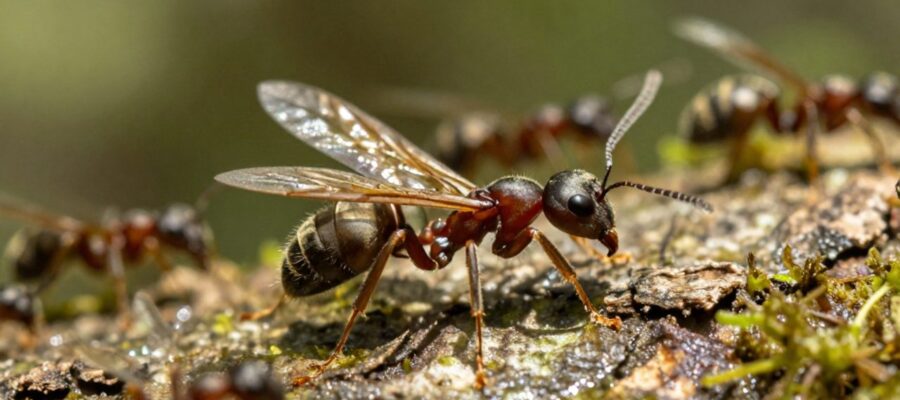 Una hormiga reina con alas posada sobre la corteza húmeda de un árbol en un entorno de bosque.