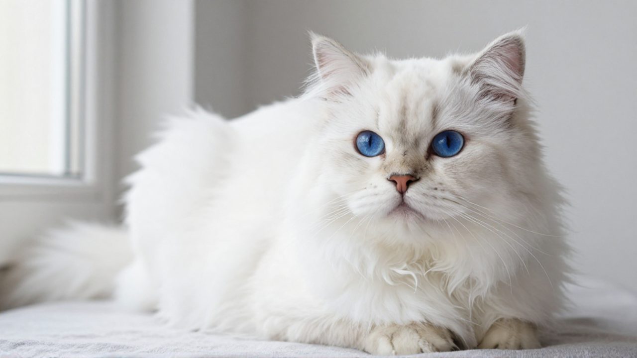 Gato de raza Angora turco de pelaje blanco y ojos azules intensos sentado sobre una superficie gris.