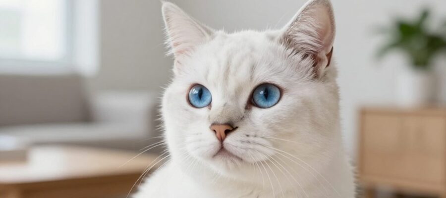 Primer plano de un gato blanco de ojos azules profundos con expresión tranquila en una sala luminosa con plantas de fondo.