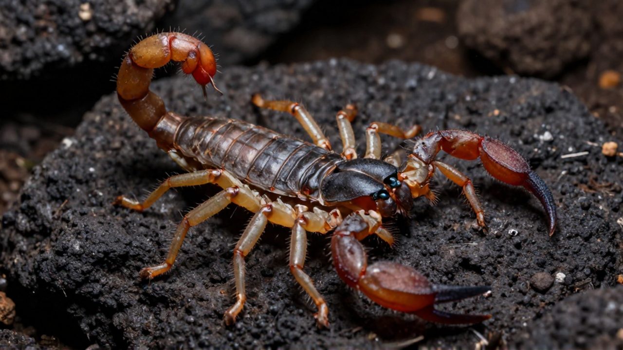 Alacrán de la familia Buthidae con aguijón pronunciado descansando sobre una roca volcética oscura.