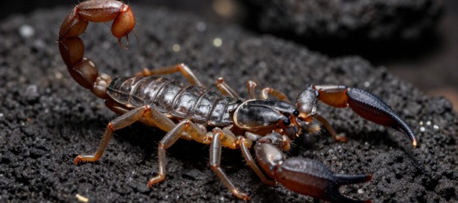 Alacrán de la familia Buthidae posado de perfil sobre una roca volcánica oscura, destacando su aguijón y extremidades.