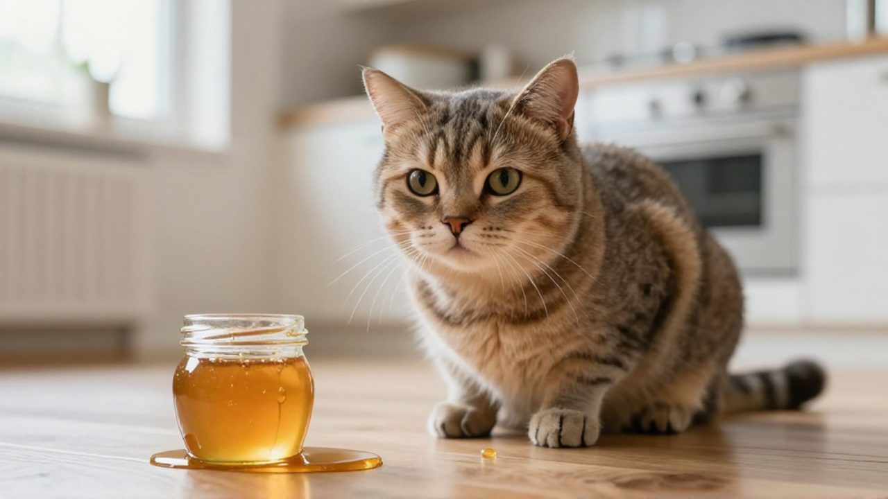 Un gato doméstico sentado en la cocina junto a un tarro de miel volcado con el contenido derramándose en el suelo.