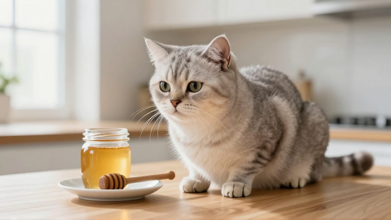 Gato doméstico sentado en una encimera de madera mirando con curiosidad un tarro de miel desenfocado al fondo.