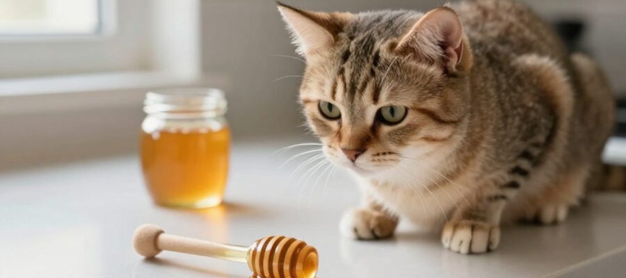 Gato doméstico sentado en una encimera de cocina observando con curiosidad un cuentagotas de miel y un frasco al fondo.