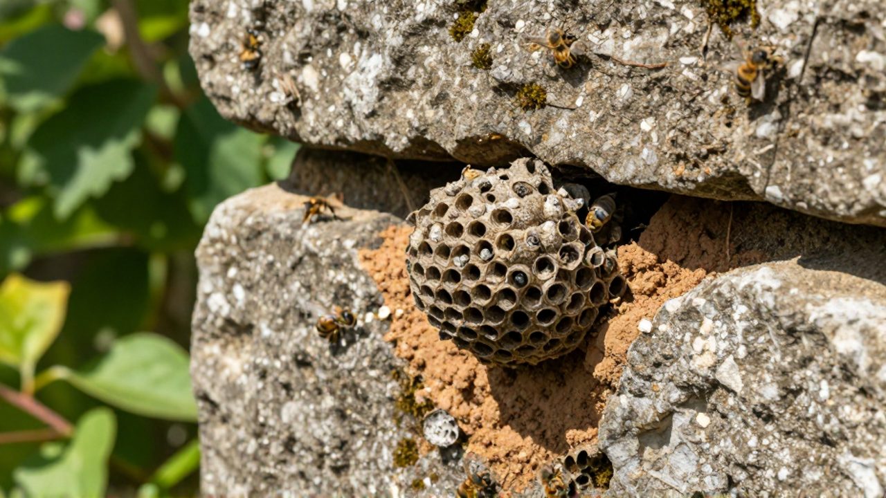 Nido de abejas solitarias construido con lodo y resina en la grieta de un muro de piedra en un jardín.