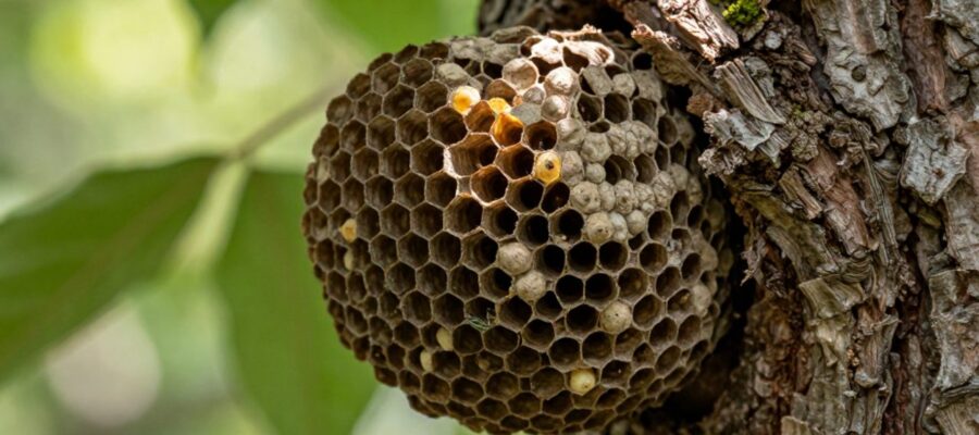 Primer plano de un nido de abejas solitarias con celdas hexagonales y compartimentos de barro dentro del hueco de un tronco de árbol.