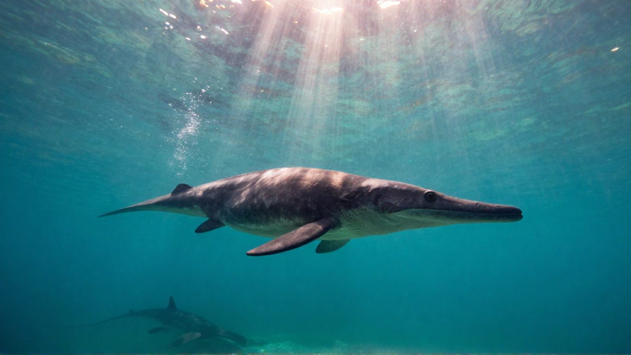 Un icthyosaur de cuerpo hidrodinámico nada en un océano prehistórico de aguas turquesas con siluetas de un plesiosaurio y un mosasaurio al fondo.