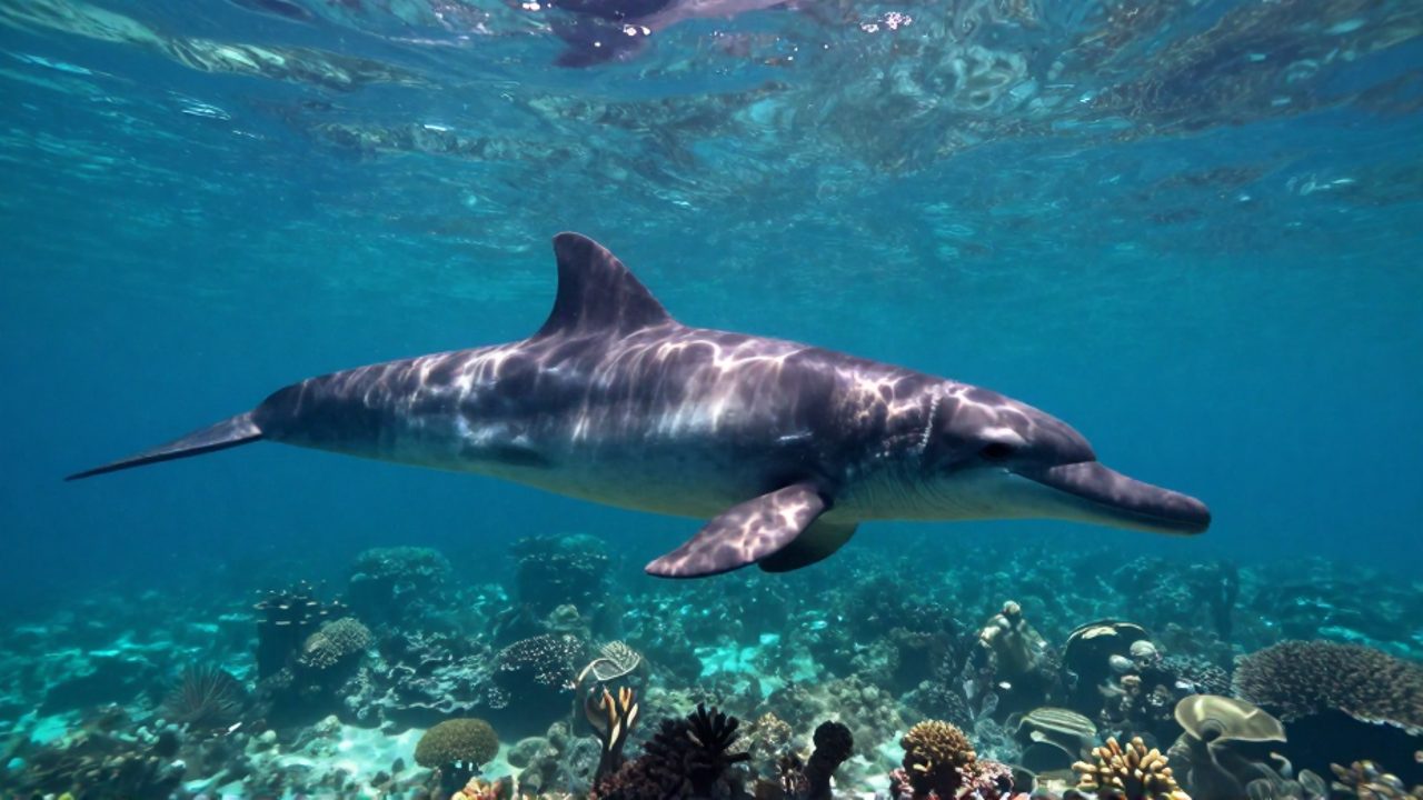 Un gran ictiosaurio de cuerpo hidrodinámico nada en un océano prehistórico con arrecifes de coral al fondo.