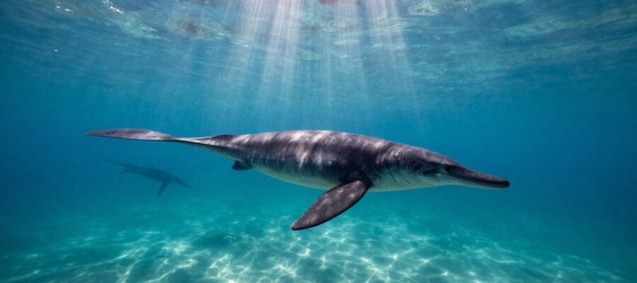 Un plesiosaurio con cuello largo y cuatro aletas nada en un océano prehistórico mientras la silueta de un ictiosaurio se observa a lo lejos.