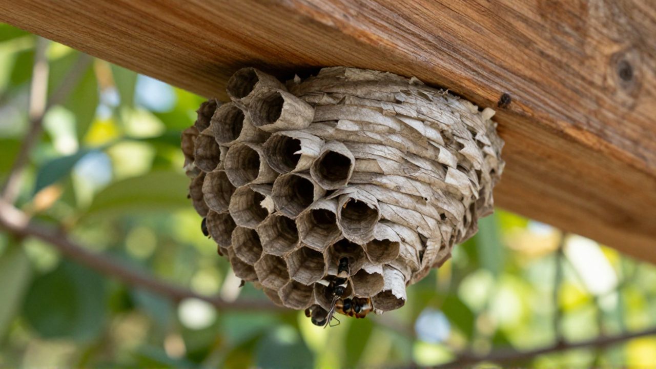 Nido de avispas con estructura de celdas hexagonales de papel gris pegado a una viga de madera en un jardín.