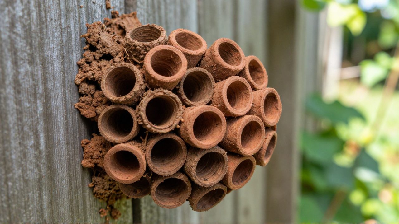 Pequeñas celdas de barro seco construidas individualmente sobre una valla de madera en un jardín.