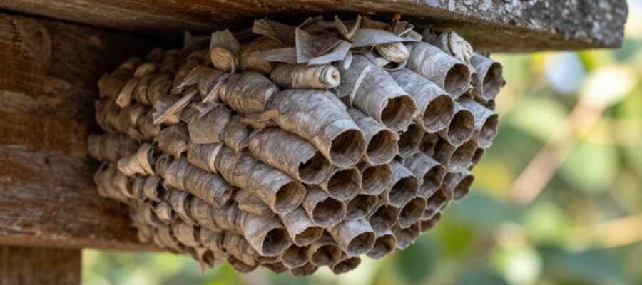 Panal de avispas con textura de papel grisáceo sujeto a una viga de madera en un jardín.