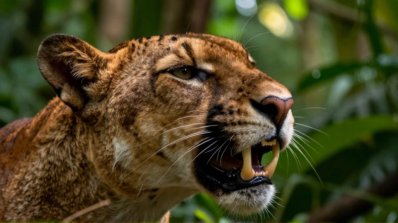 Primer plano del hocico y los colmillos de un gran felino en la selva, resaltando su dentadura adaptada para la caza.